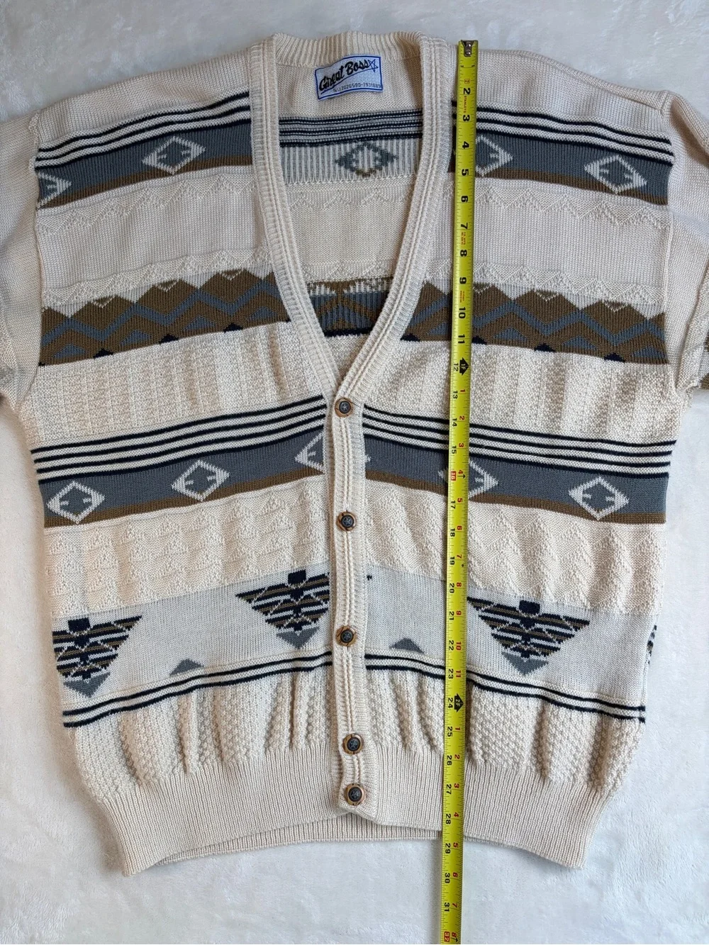 Vintage Great Boss Geometric Knit Cardigan Sweater Mens Large XL
